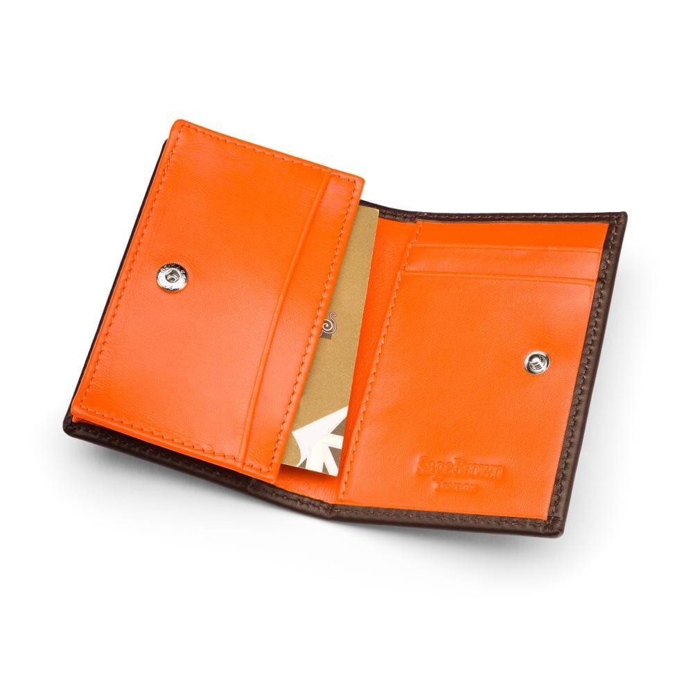 Expandable leather business card holder, brown with orange, inside