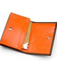 Expandable leather business card holder, brown with orange, inside