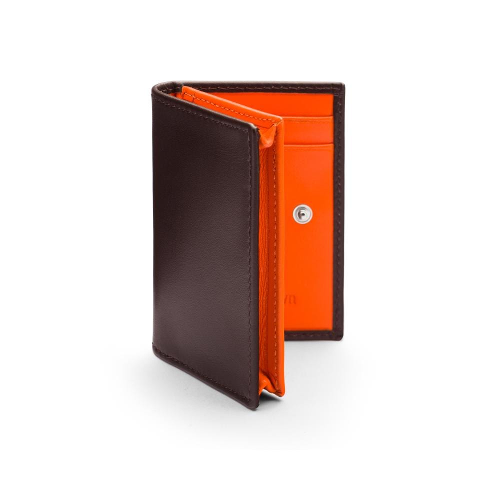 Expandable leather business card holder, brown with orange, front