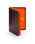 Expandable leather business card holder, brown with orange, front