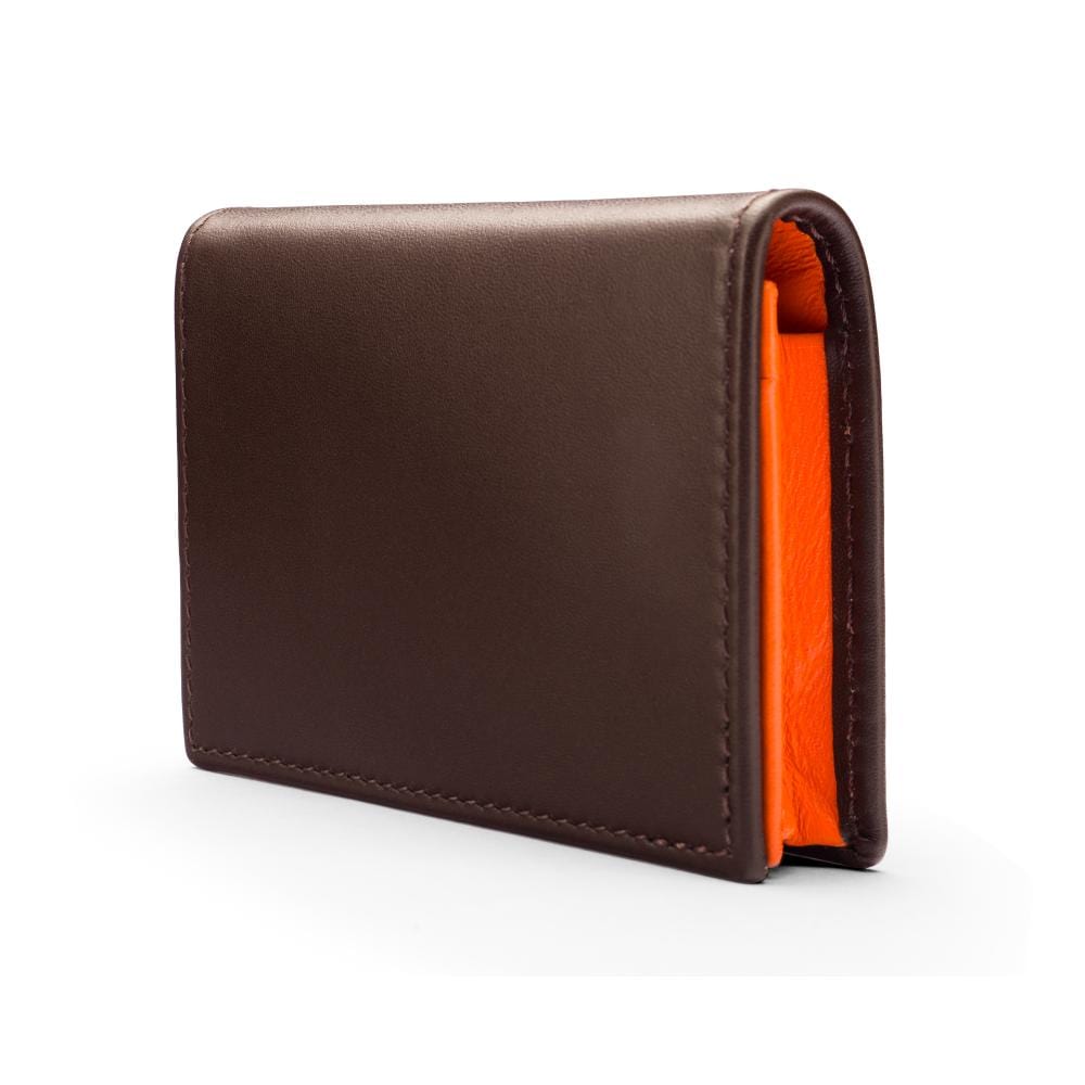 Expandable leather business card holder, brown with orange, side