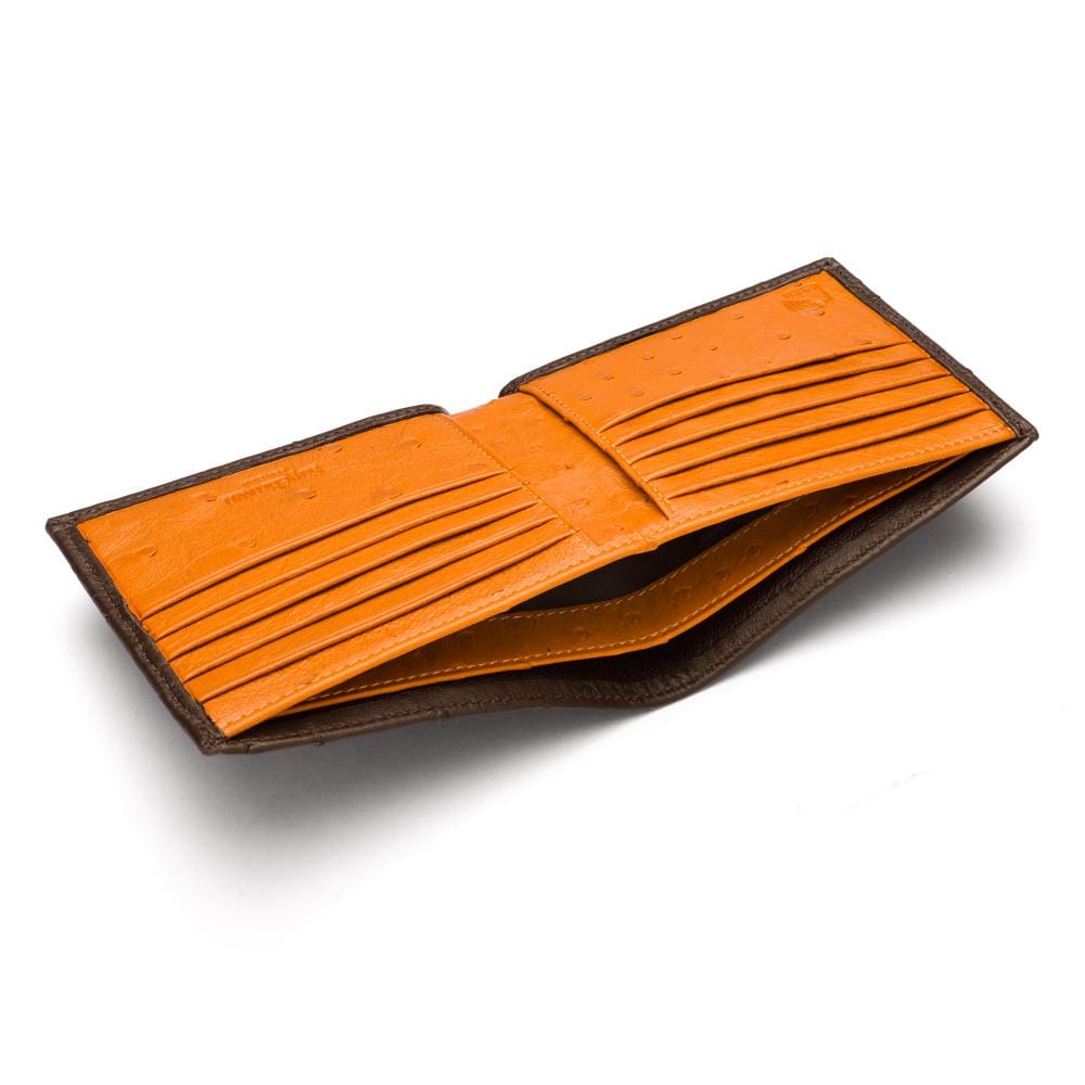 RFID wallet in ostrich leather, brown with orange, inside