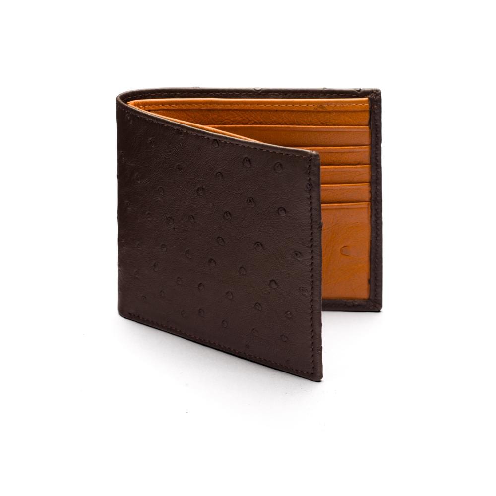 RFID wallet in ostrich leather, brown with orange, front