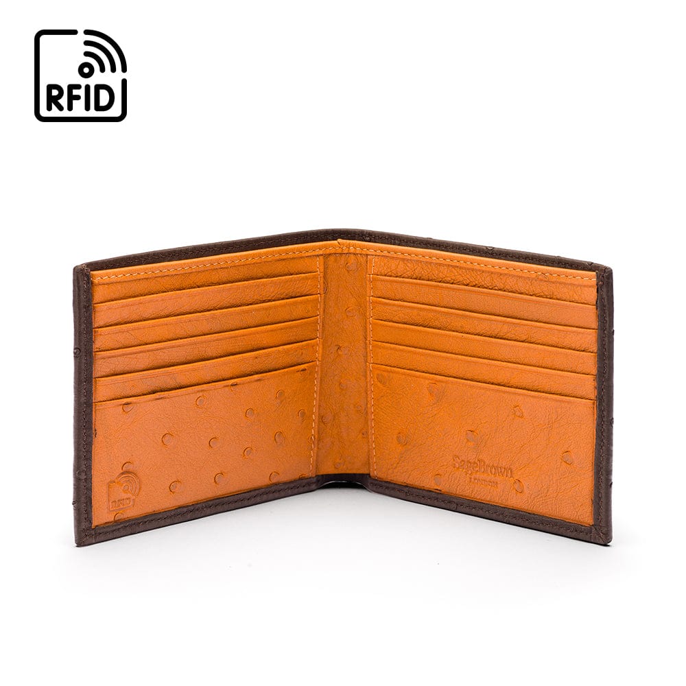 RFID wallet in ostrich leather, brown with orange, open view