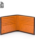 RFID wallet in ostrich leather, brown with orange, open view