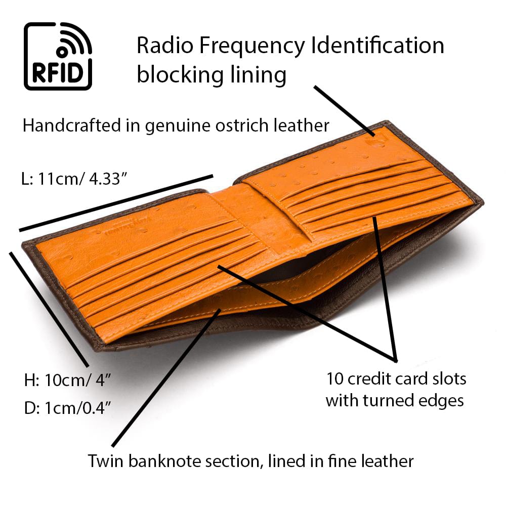 RFID wallet in real ostrich leather, brown with orange, features