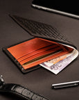 Woven leather wallet with 6 credit card slots, brown with orange, lifestyle
