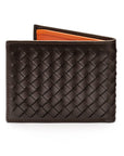 Woven leather wallet with 6 credit card slots, brown with orange, back