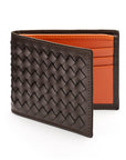 Woven leather wallet with 6 credit card slots, brown with orange, front