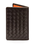 Woven leather credit card holder, brown with orange, back