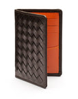 Woven leather credit card holder, brown with orange, open