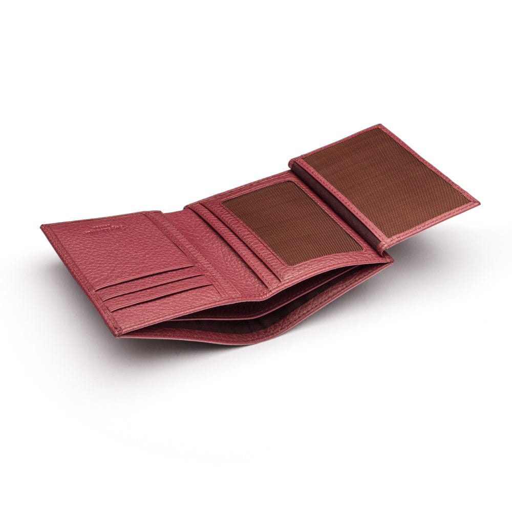 Compact leather wallet with 6 credit card slots and 2 ID windows, burgundy, open