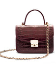 Small leather top handle bag, burgundy croc, front
