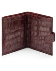 Compact leather RFID billfold wallet with tab, burgundy croc, open view