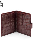 Compact leather RFID billfold wallet with tab, burgundy croc, open