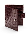 Compact leather RFID billfold wallet with tab, burgundy croc, with tab closure