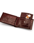 Essential leather billfold wallet, burgundy croc, open