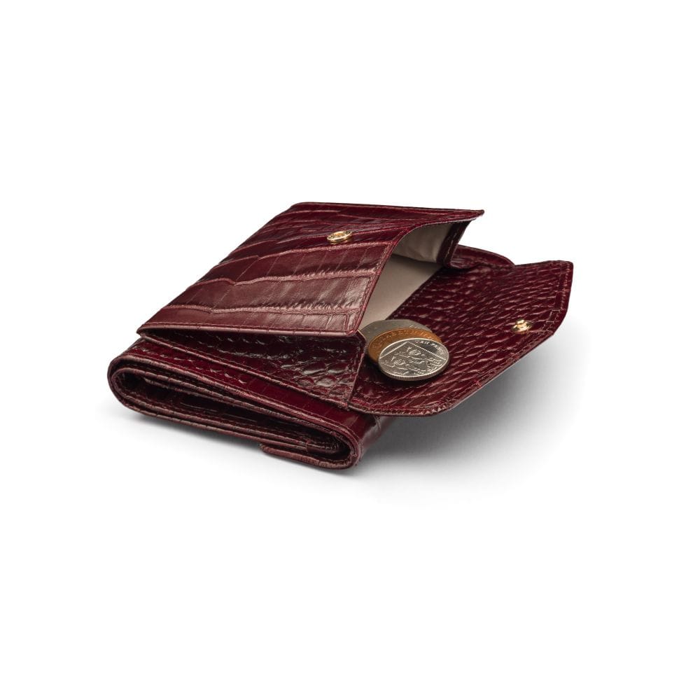 Large leather purse with 15 CC, burgundy croc, coin section