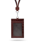 Leather lanyard ID card holder, burgundy croc, front