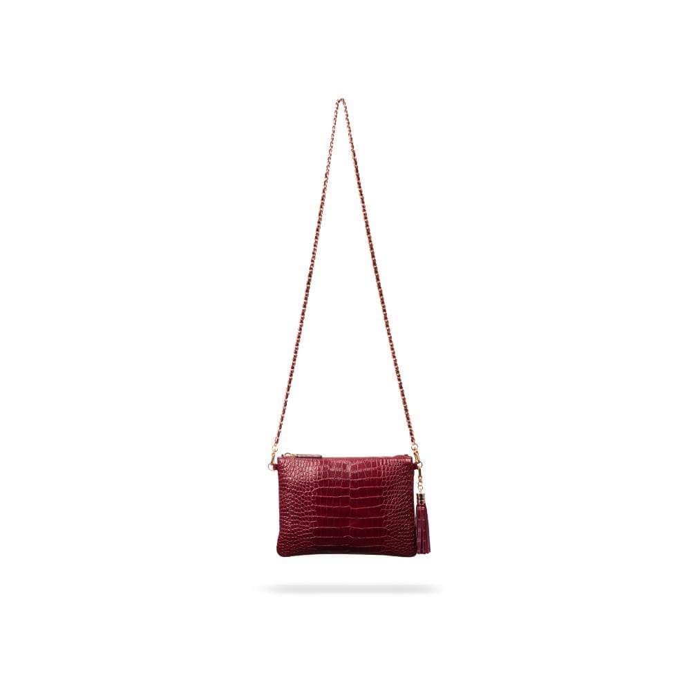 Leather cross body bag with chain strap, burgundy croc, with strap