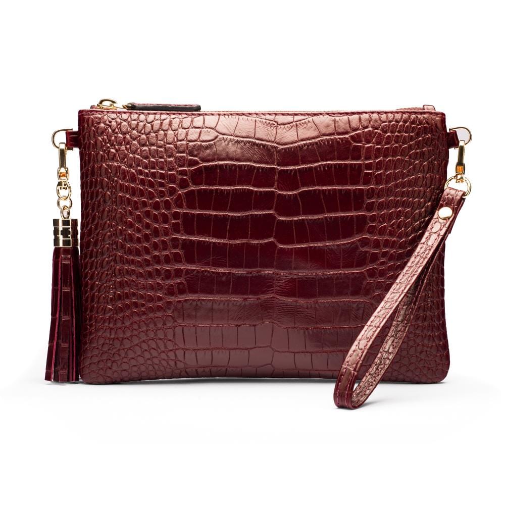 Leather cross body bag with chain strap, burgundy croc, front