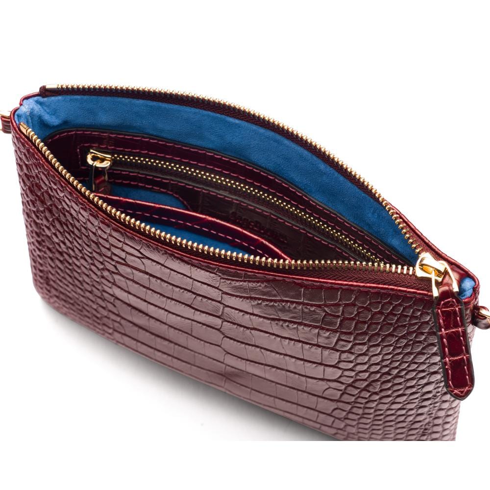 Leather cross body bag with chain strap, burgundy croc, inside