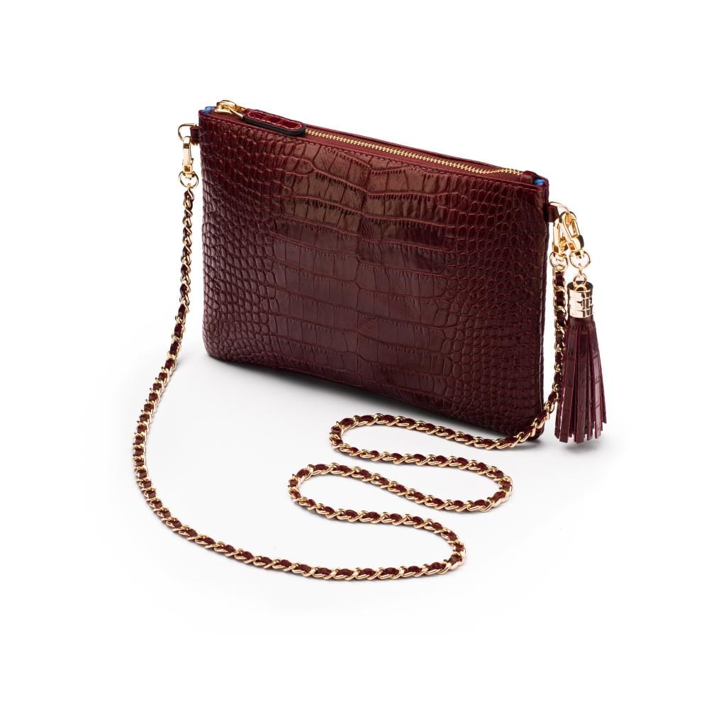 Leather cross body bag with chain strap, burgundy croc
