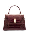 Leather top handle bag, burgundy croc, front view