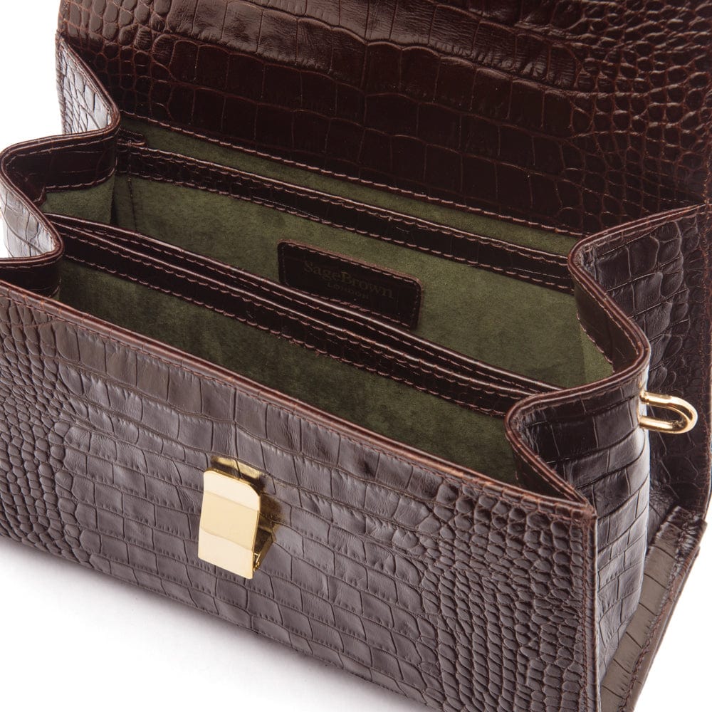 Leather top handle bag, burgundy croc, inside