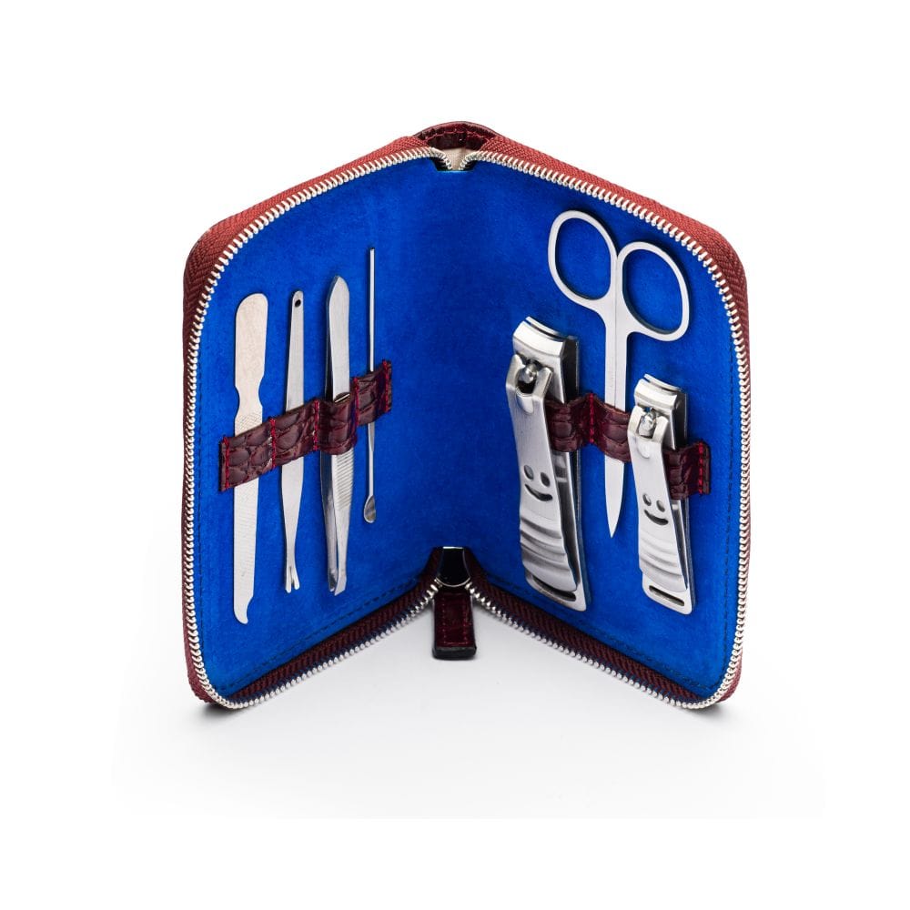 Leather zip around 7 piece manicure set, burgundy croc, open