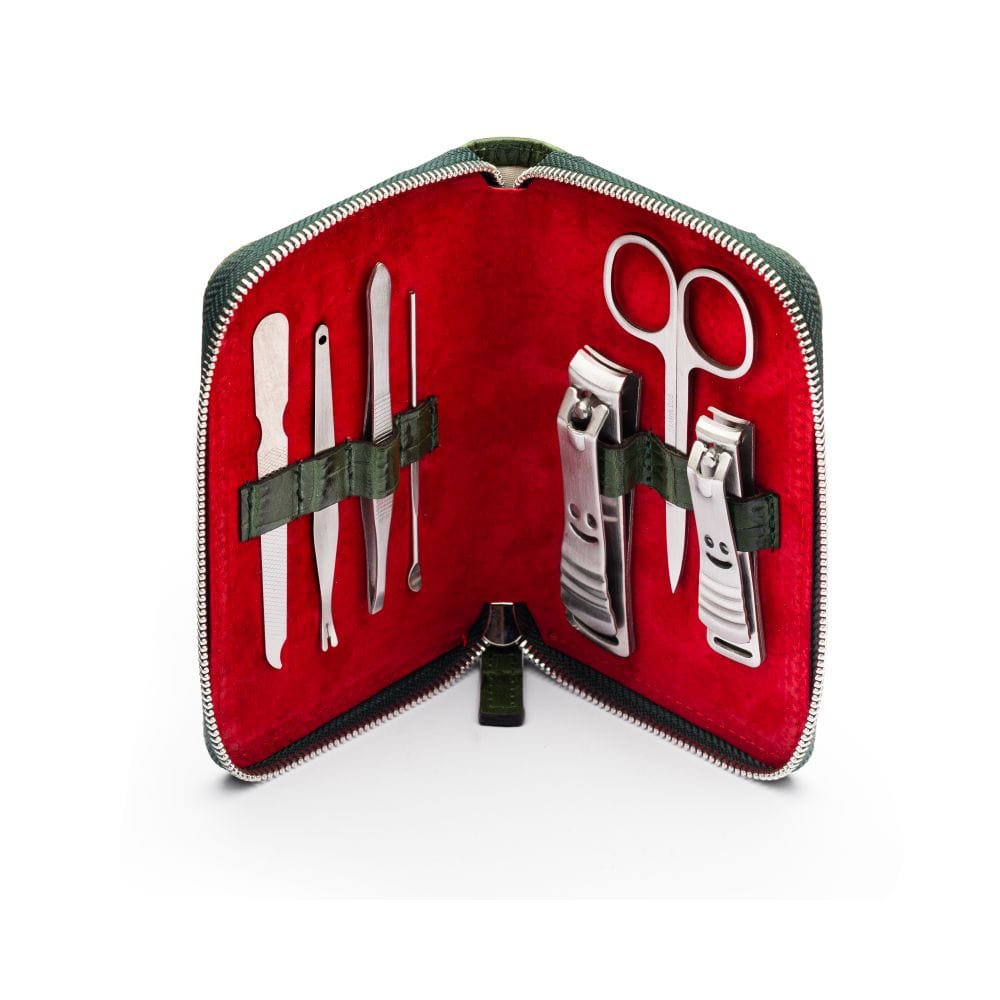 Leather zip around 7 piece manicure set, green croc, open