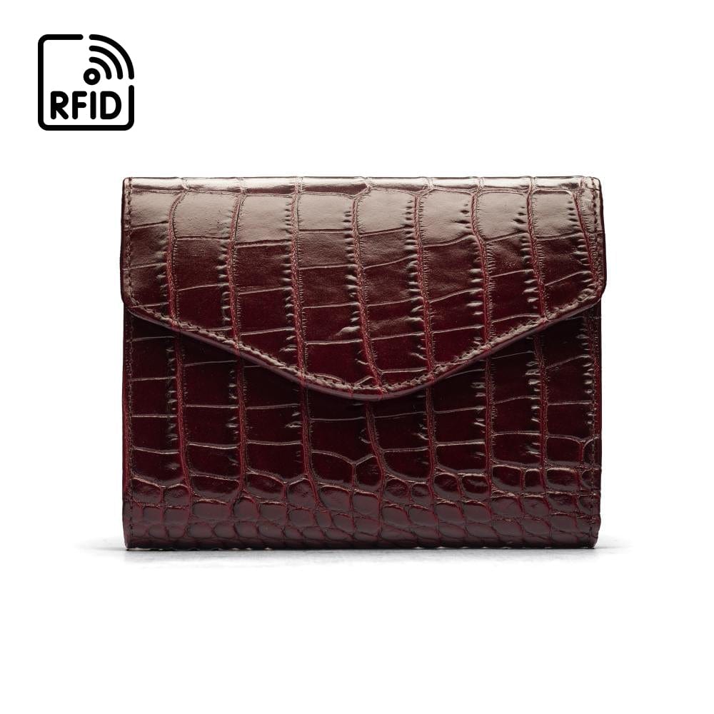 RFID Large leather purse with 15 CC, burgundy croc, front