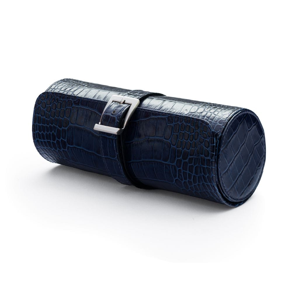 Large leather watch roll, navy croc, front