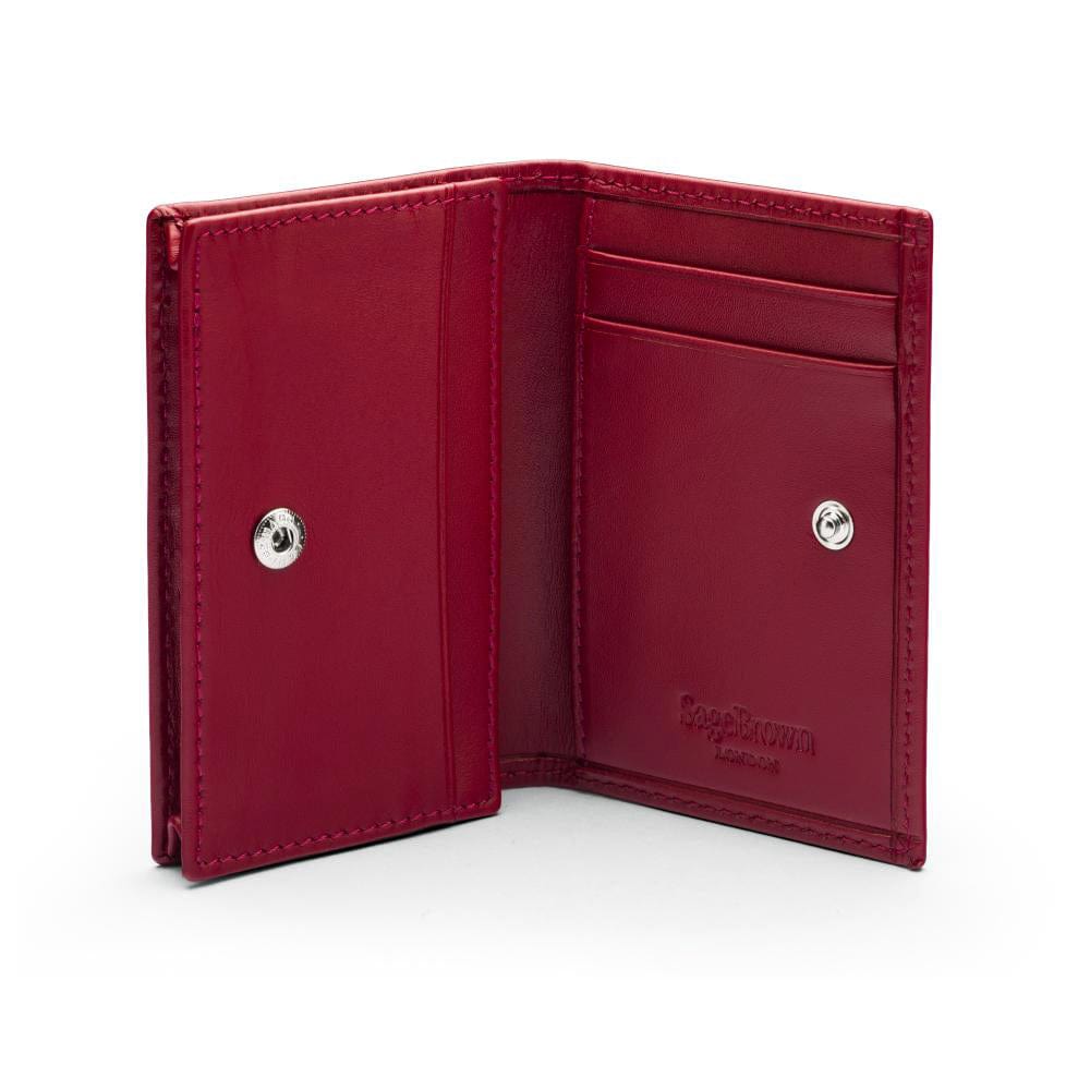 Expandable leather business card holder, burgundy, open