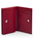 Expandable leather business card holder, burgundy, open