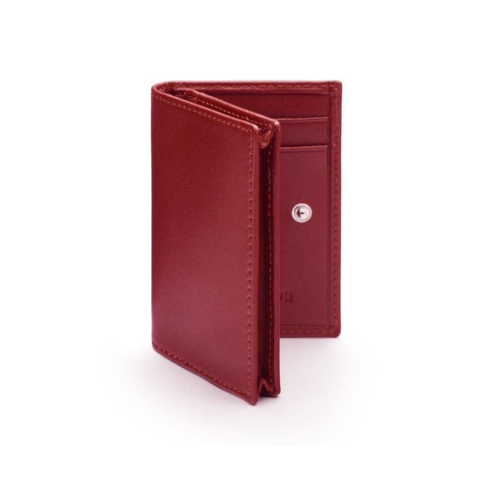 Expandable leather business card holder, burgundy, front