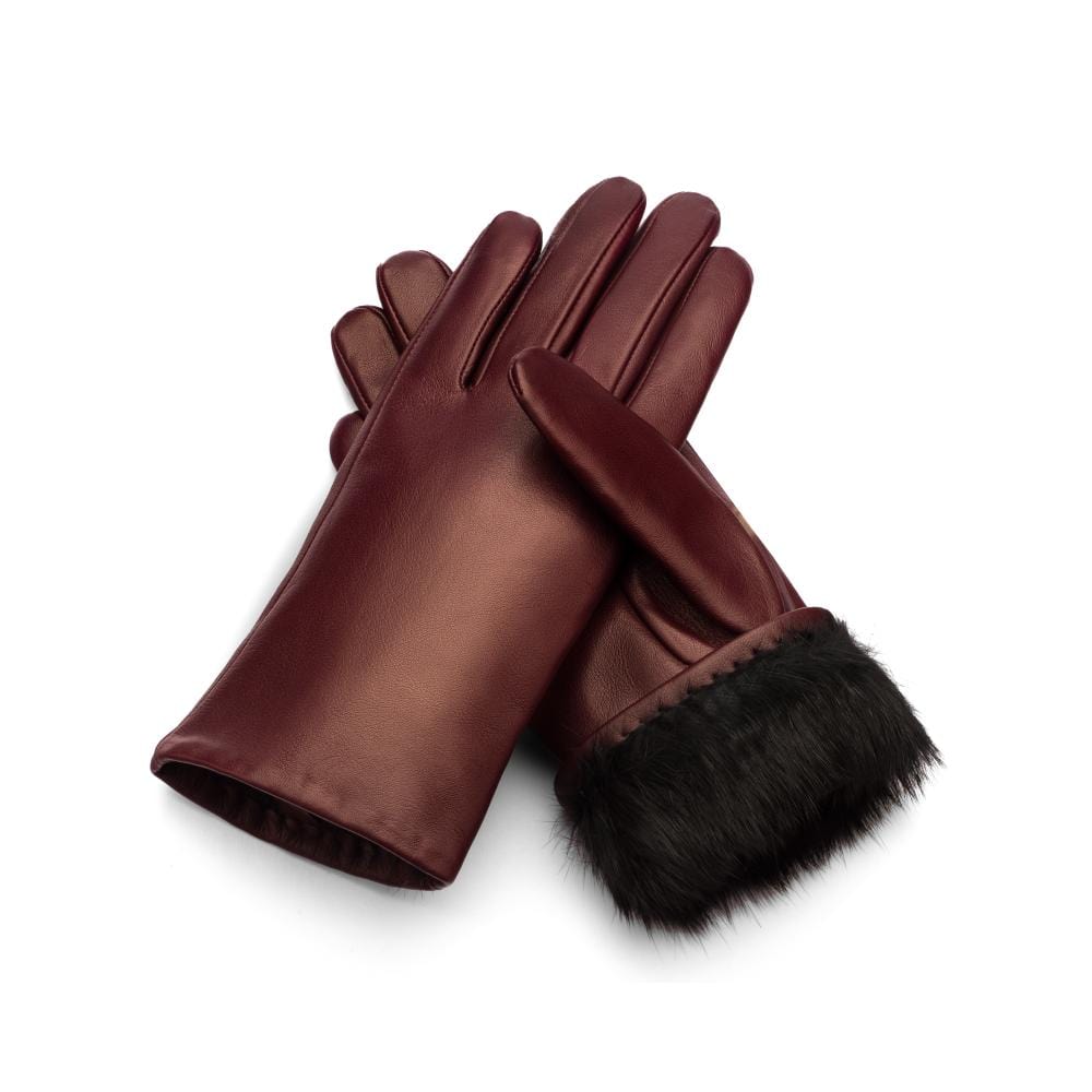 Fur lined leather gloves ladies, burgundy