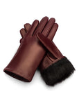 Fur lined leather gloves ladies, burgundy