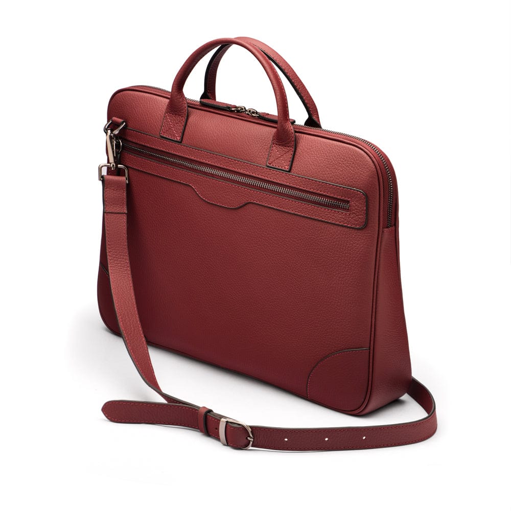 16" slim leather laptop bag, burgundy, side view