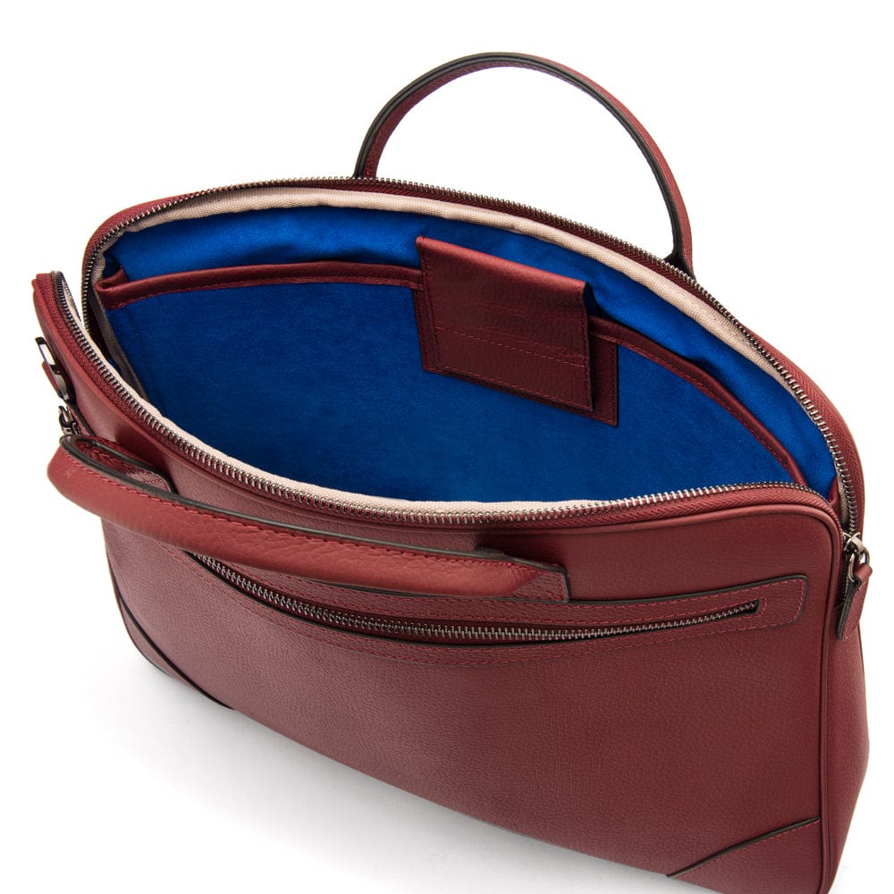 16" slim leather laptop bag, burgundy, inside