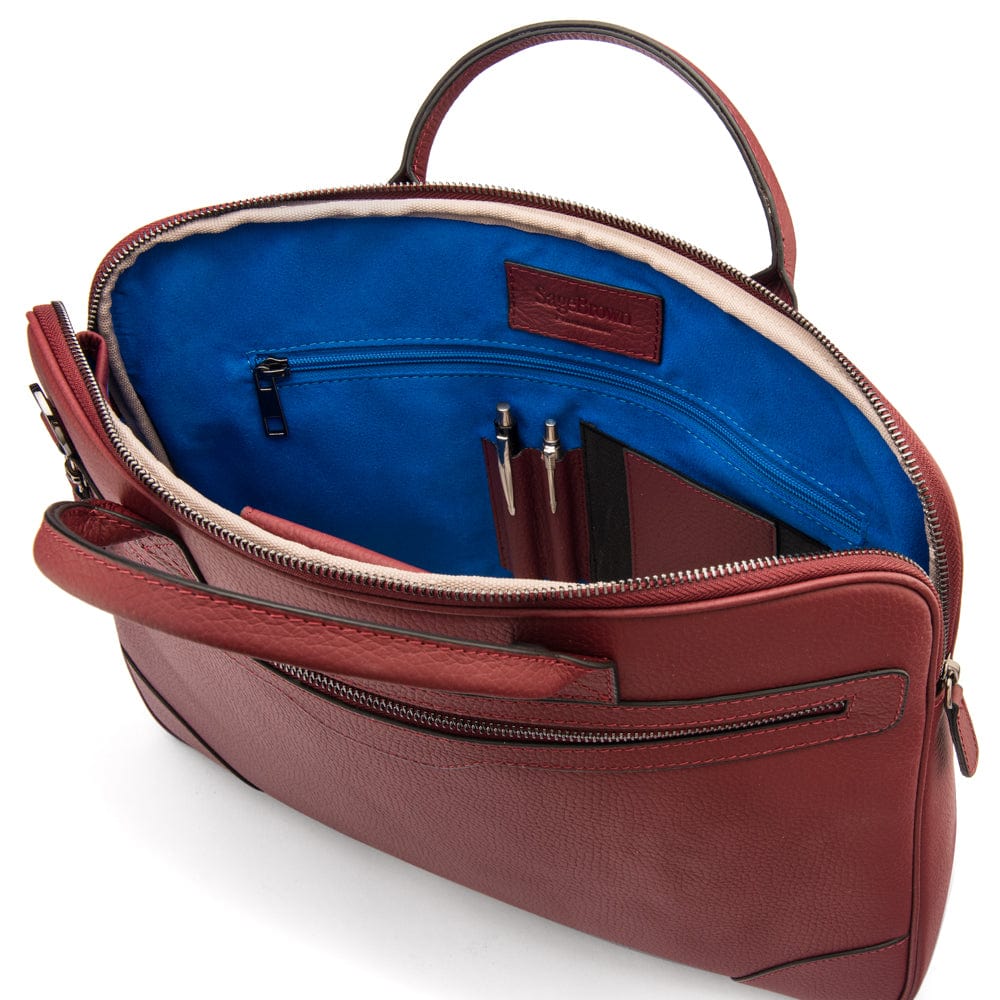 16" slim leather laptop bag, burgundy, open