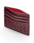 Flat woven leather card holder, burgundy, open