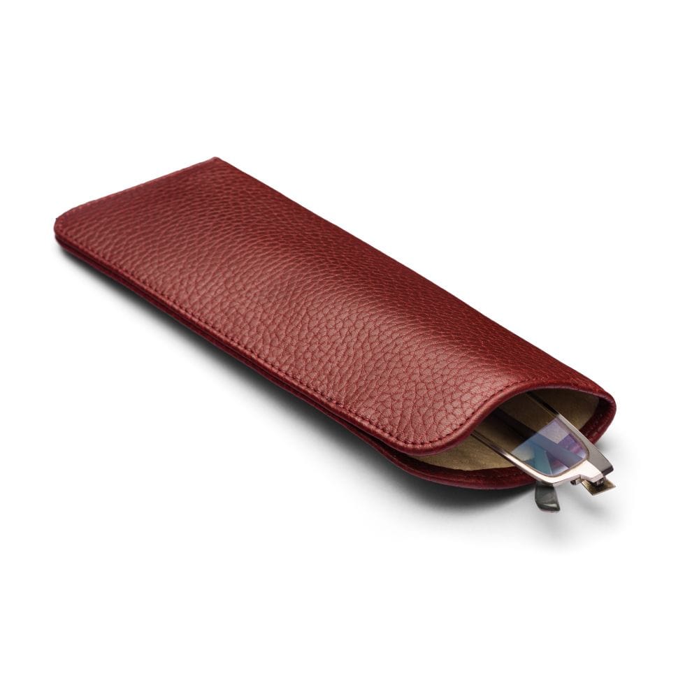 Large leather glasses case, burgundy, open