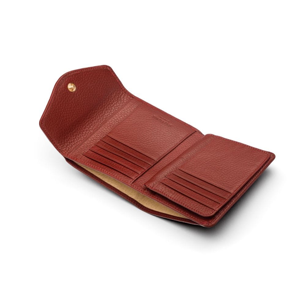Large leather purse with 15 CC, burgundy, open