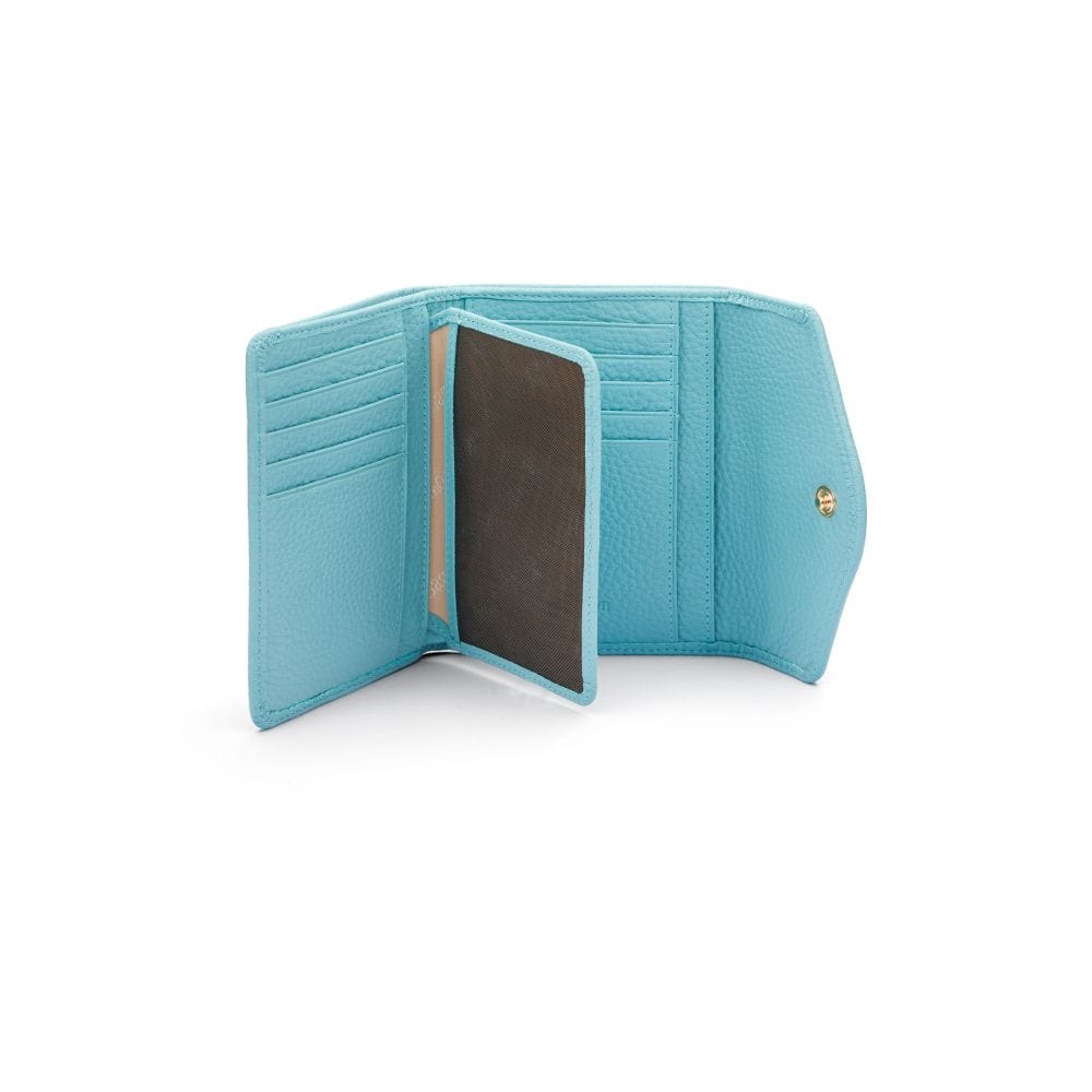 Large leather purse with 15 CC, light blue, inside