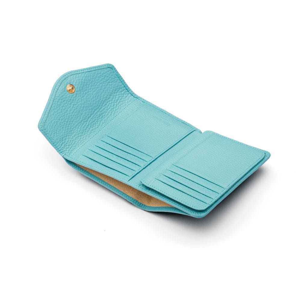 Large leather purse with 15 CC, light blue, open