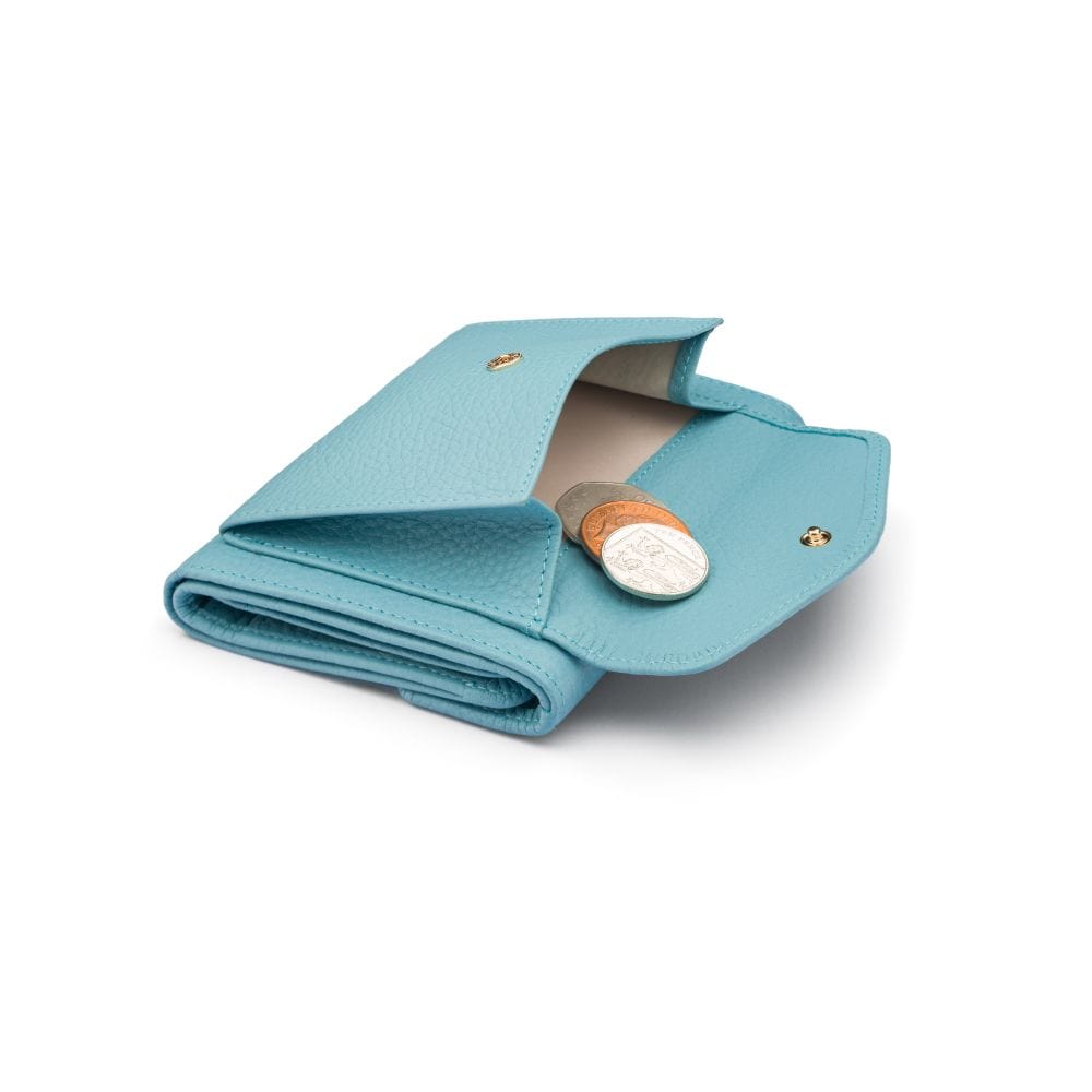 Large leather purse with 15 CC, light blue, coin purse