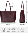 Leather tote bag, burgundy, features and dimensions