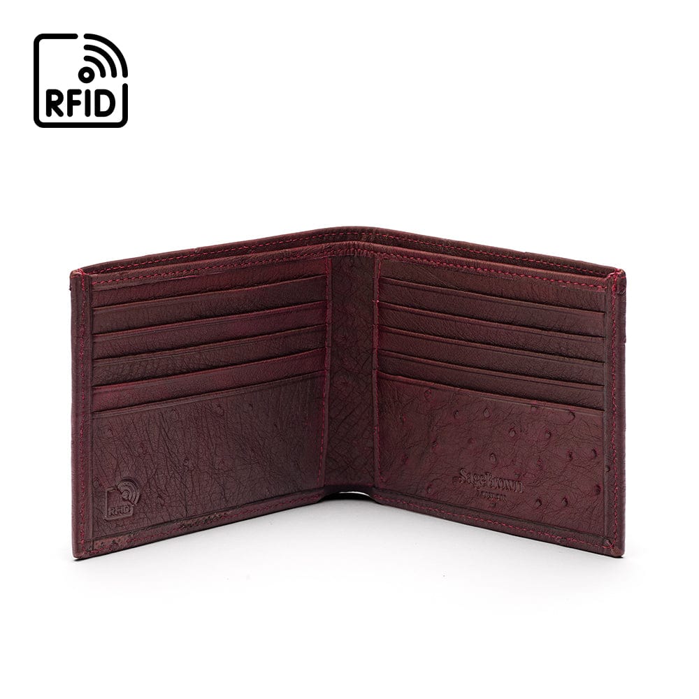 RFID wallet in ostrich leather, burgundy, open view