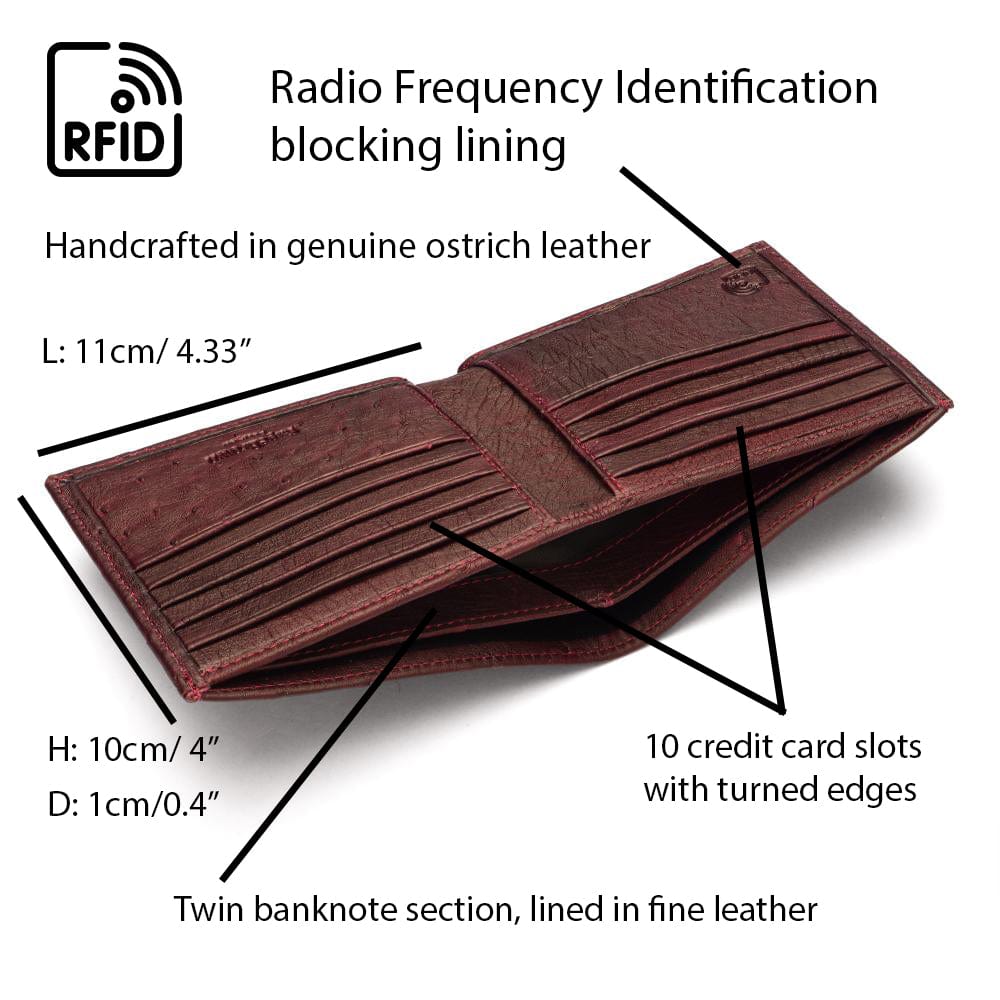 RFID wallet in real ostrich leather, burgundy, features